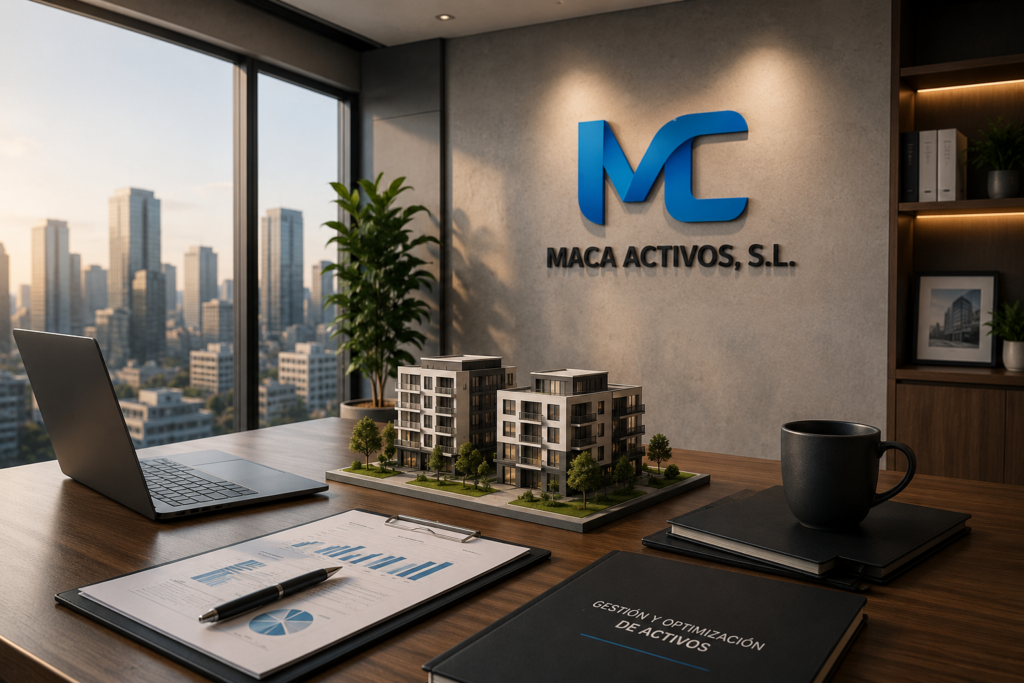 Imagen de una oficina moderna de Maca Activos, con una maqueta de edificios sobre la mesa, documentos de análisis financiero, un portátil y el logotipo de la empresa en la pared, representando servicios inmobiliarios y gestión de activos.
